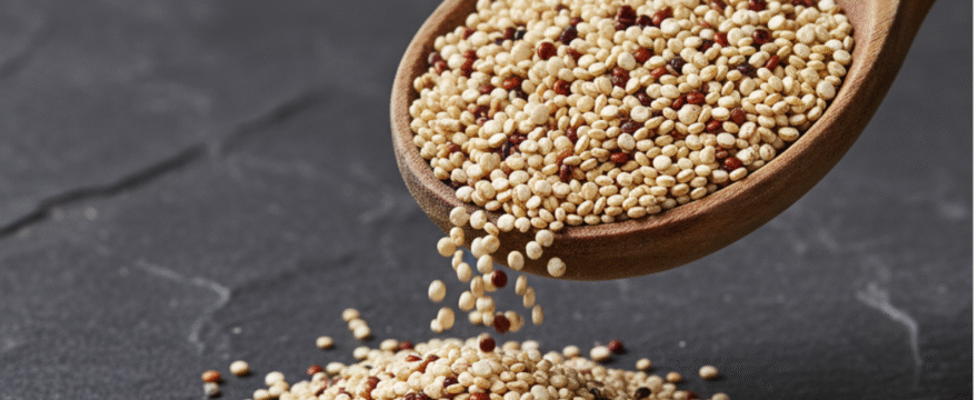 Raw quinoa grains spilling from a wooden spoon