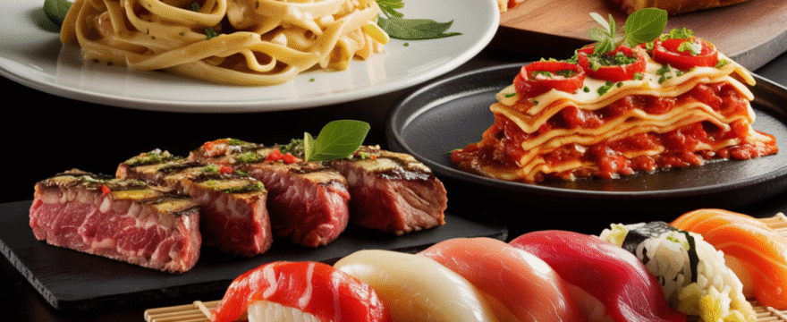 “Close-up collage of pasta, pizza, lasagna, steak, and sushi for a special recipe collection”