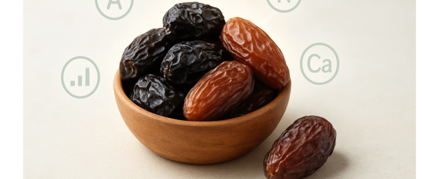 Ajwa and Medjool dates displayed in a wooden bowl showcasing nutritional health benefits