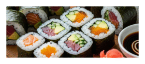 “Homemade sushi rolls with rice, seaweed, and fresh fillings”