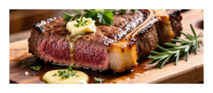 Juicy grilled steak with garlic butter and herbs”