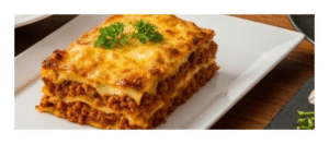 “Homemade lasagna layered with beef, cheese, and tomato sauce