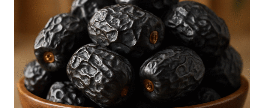 Ajwa dates benefits – traditional wooden bowl of premium Ajwa khajur with Arabian background