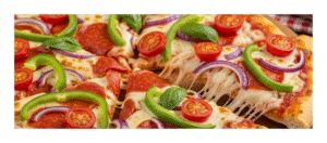 “Homemade pizza with melted cheese and colorful toppings”