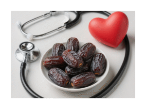 Ajwa dates benefits for heart health with stethoscope and red heart symbol