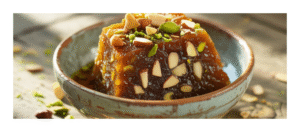 A close-up of traditional date halwa served in a rustic ceramic bowl,