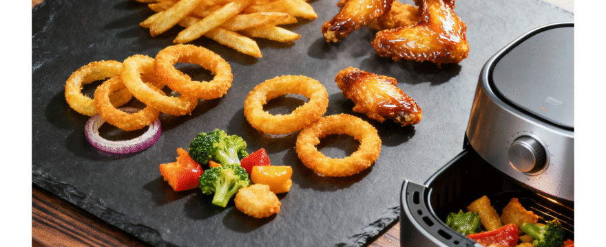 Air fryer with crispy chicken wings and french fries on white plate showing healthy alternative to deep fried food"