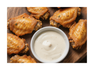 Golden crispy chicken wings cooked in air fryer with perfect browning and seasoning on wooden board