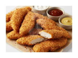 Breaded chicken tenders with crispy panko coating made in air fryer showing juicy interior