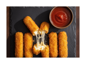 Crispy air fryer mozzarella sticks with melted cheese and golden breading served with marinara sauce