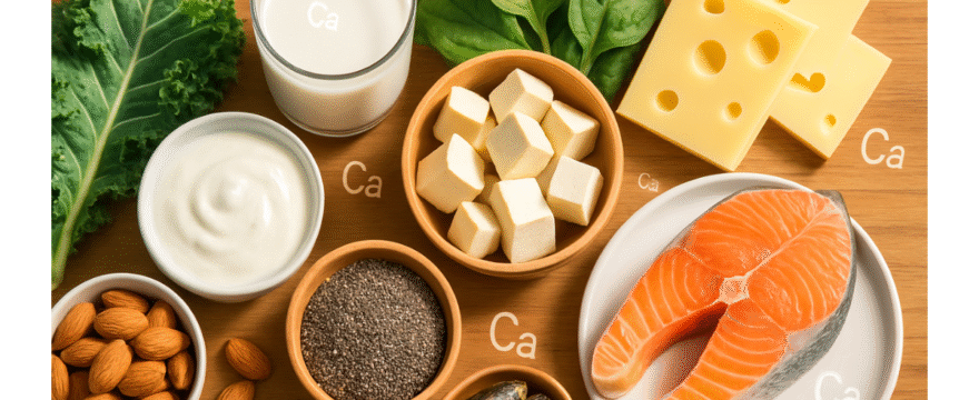 Calcium-rich foods including dairy products, leafy greens, fish, nuts and seeds arranged on wooden table for healthy diet