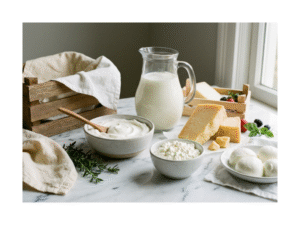 Variety of calcium-rich dairy products including milk, yogurt, and cheese for bone health