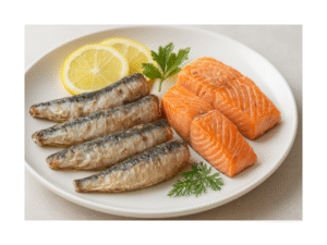 Sardines and salmon with edible bones providing calcium and omega-3 fatty acids