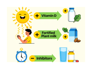 Infographic showing tips to maximize calcium absorption with vitamin D and proper timing