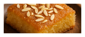 baked Basbousa on a rustic wooden plate,