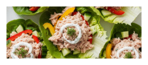 Fresh tuna salad lettuce wraps filled with tuna, cucumber, bell pepper, and light yogurt dressing