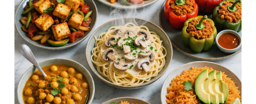 Quick vegetarian dinner recipes - five colorful vegetarian meals on white table including pasta curry and stuffed peppers