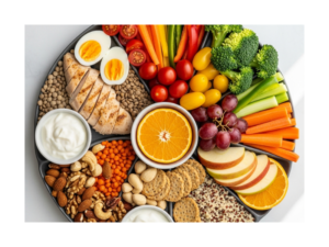 healthy lifestyle balanced nutrition plate with vegetables protein and whole grains