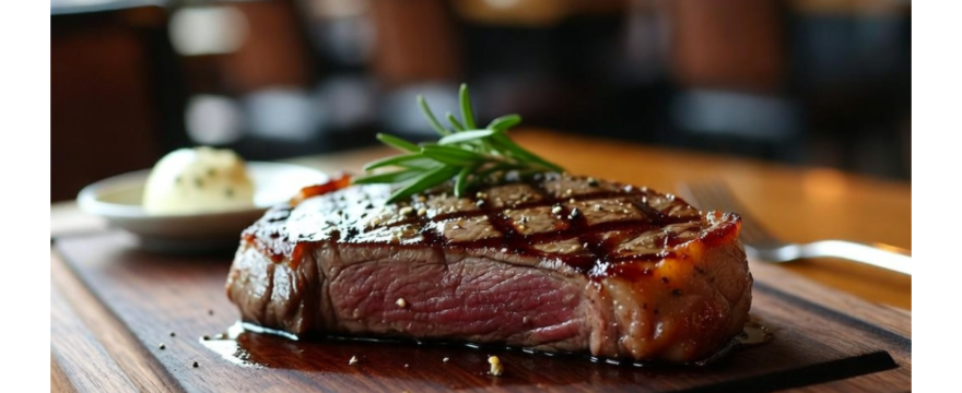 গ্রিল করা রসালো বিফ স্টেক, গার্লিক বাটার ও রোজমেরি দিয়ে সাজানো পশ্চিমা স্টাইলের গরুর মাংসের স্টেক