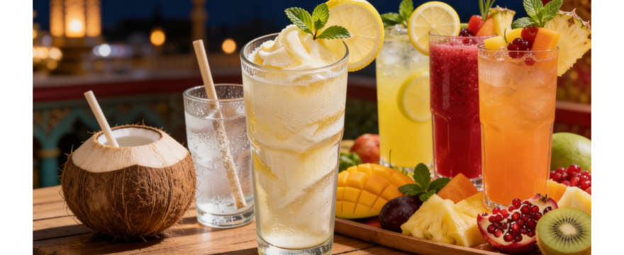 একটি কাচের গ্লাসে লেবুর শরবত, ডাবের পানি এবং রঙিন ফলের জুস সাজানো, ইফতারে স্বাস্থ্যকর ও তাজা পানীয়ের চিত্র।