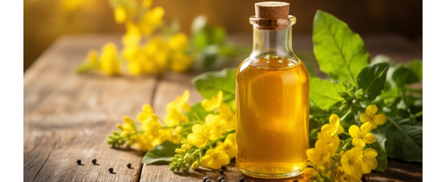 খাঁটি সরিষার তেলের বোতল সরিষা ফুল সহ — স্বাস্থ্য উপকারিতা